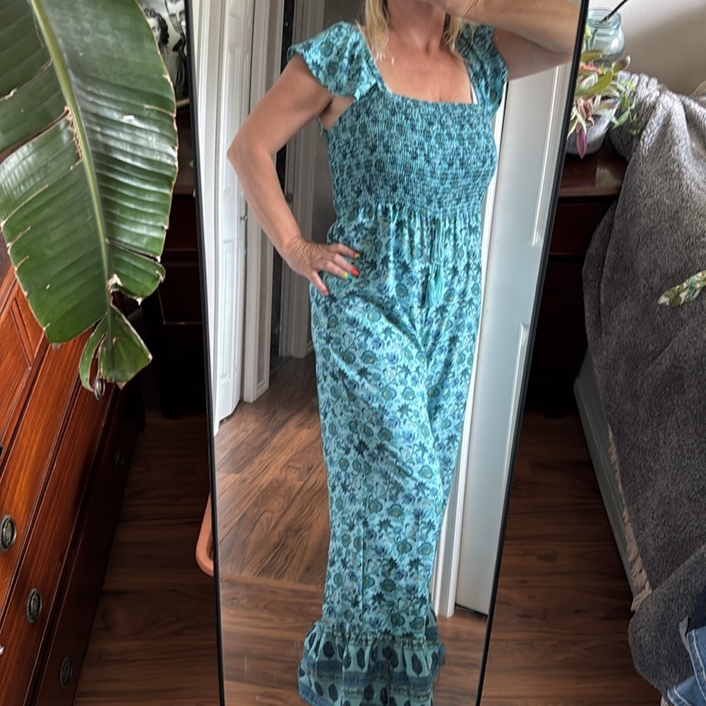 F.O.G collective ladies teal/blue Floral Off-Shoulder flare leg Jumpsuit Sz Med